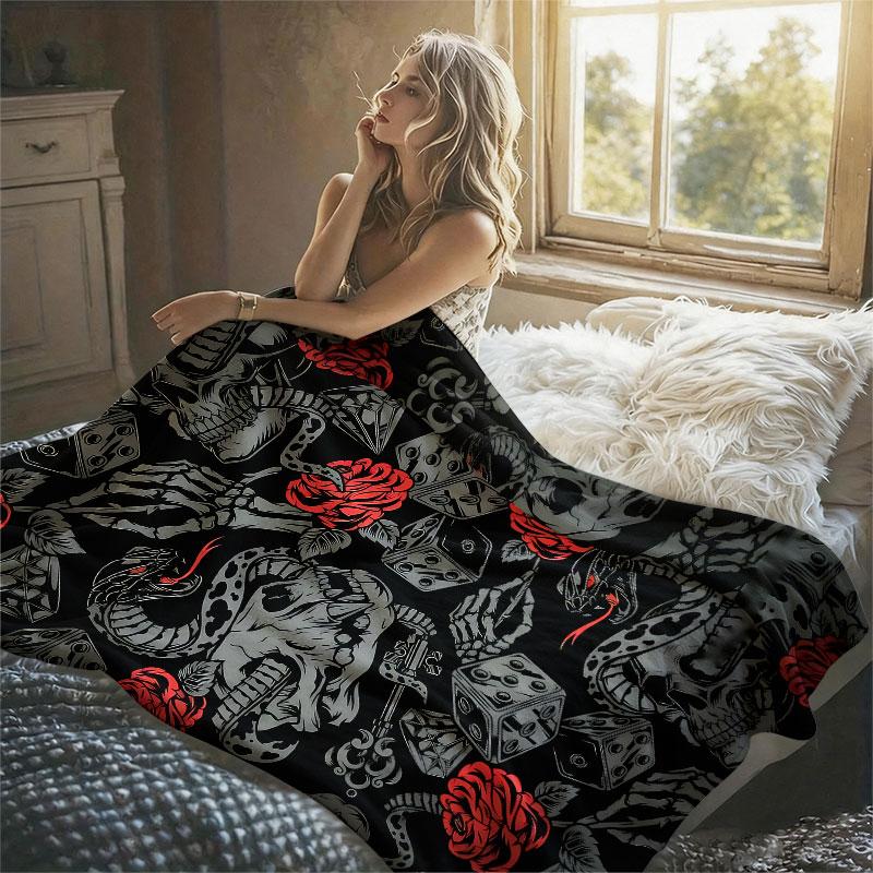 Skulls Roses Snakes Black Flannel Blanket Perfect for Sofa Office Bed Travel Sleep Read Relax Camping Four Season Use