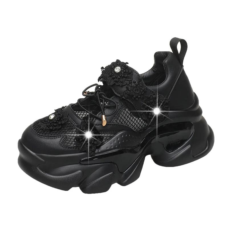 Fashion Women Platform Casual Breathable Crystal Flower Shoes Summer Chunky Sneakers 7.5CM Hidden Heels Hollow Leisure Shoes Woman