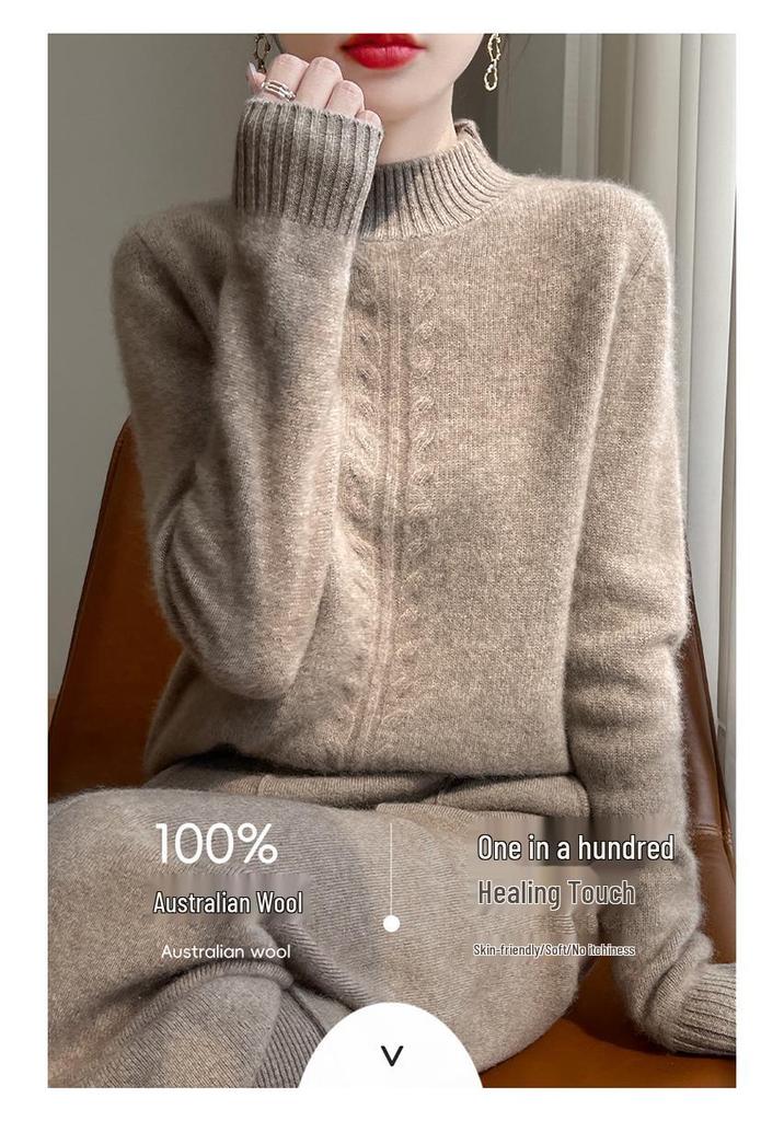 Autumn & Winter Women's Thick Wool Half-High Collar Pullover Sweater - Loose, Solid Color, Versatile Knit.