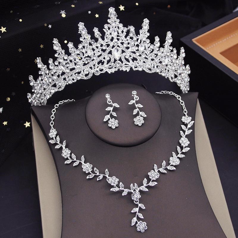 3 Pcs Pink Bridal Jewelry Sets for Women Crown Flower Choker Necklace Earring Wedding Tiara Bride Costume Accessories