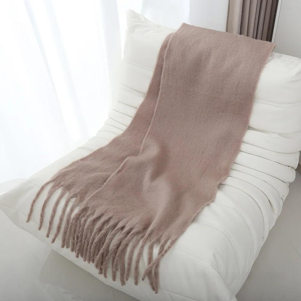 Thickened Extended Solid Color Scarf Women's Autumn Winter Korean Style Angora Student Shoulder Wrap Neck Warmer Pink Macaron