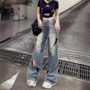 Women's American-Style Distressed Wide-Leg Jeans, High-Waisted, Slimming, Floor-Length, Trendy Autumn Fashion.