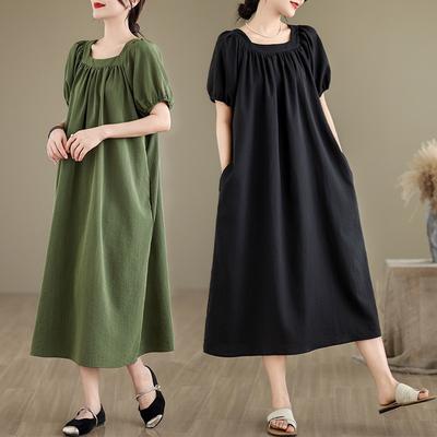 Реальное фото Лето Новое Литературное Большой размер Свободное Квадратный воротник Тонкий Короткий рукав Средней длины До колена Платье Женское