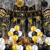 New Year'S Day Theme Party Decorations New Year'S Eve Party Arrangement Black Gold Flag Balloon Paper Flower Ball Set