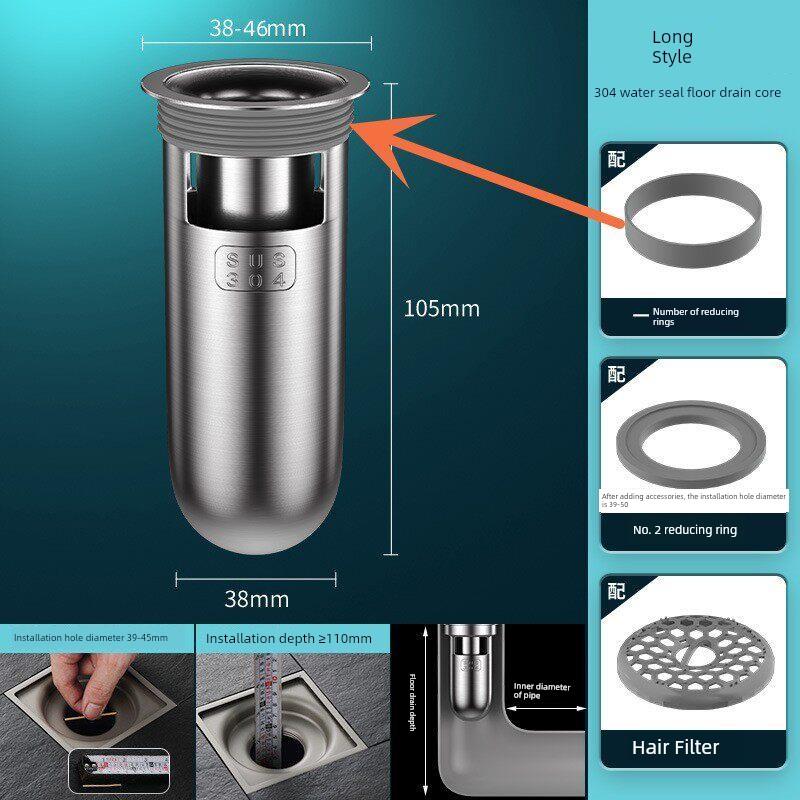 German Anti-Odor Drain Device for Bathroom Sewer, Anti-Odor and Anti-Insect Silicone Cover, Stainless Steel Universal Inner Core