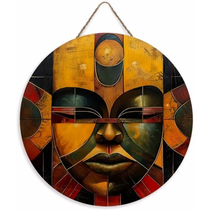 Wood Unique African Mask Circular Wooden Sign with Artistic Design, Suitable for Door, Wall, Home, Room, Farmhouse, Street, Shop, Garage, Bar, Garden