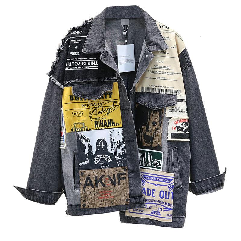 Vintage Full Sleeve Appliques Newspaper Pattern Large Size Black Denim Jacket Leisure Trend Coat 2020 Autumn