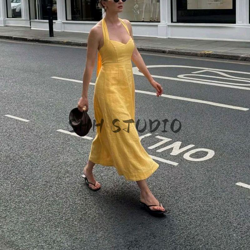 Summer New Product Women's Clothes Minimalist Cotton and Linen Blended Bowknot Decoration Hanging Collar High Waist Midi Skirt Long Dress