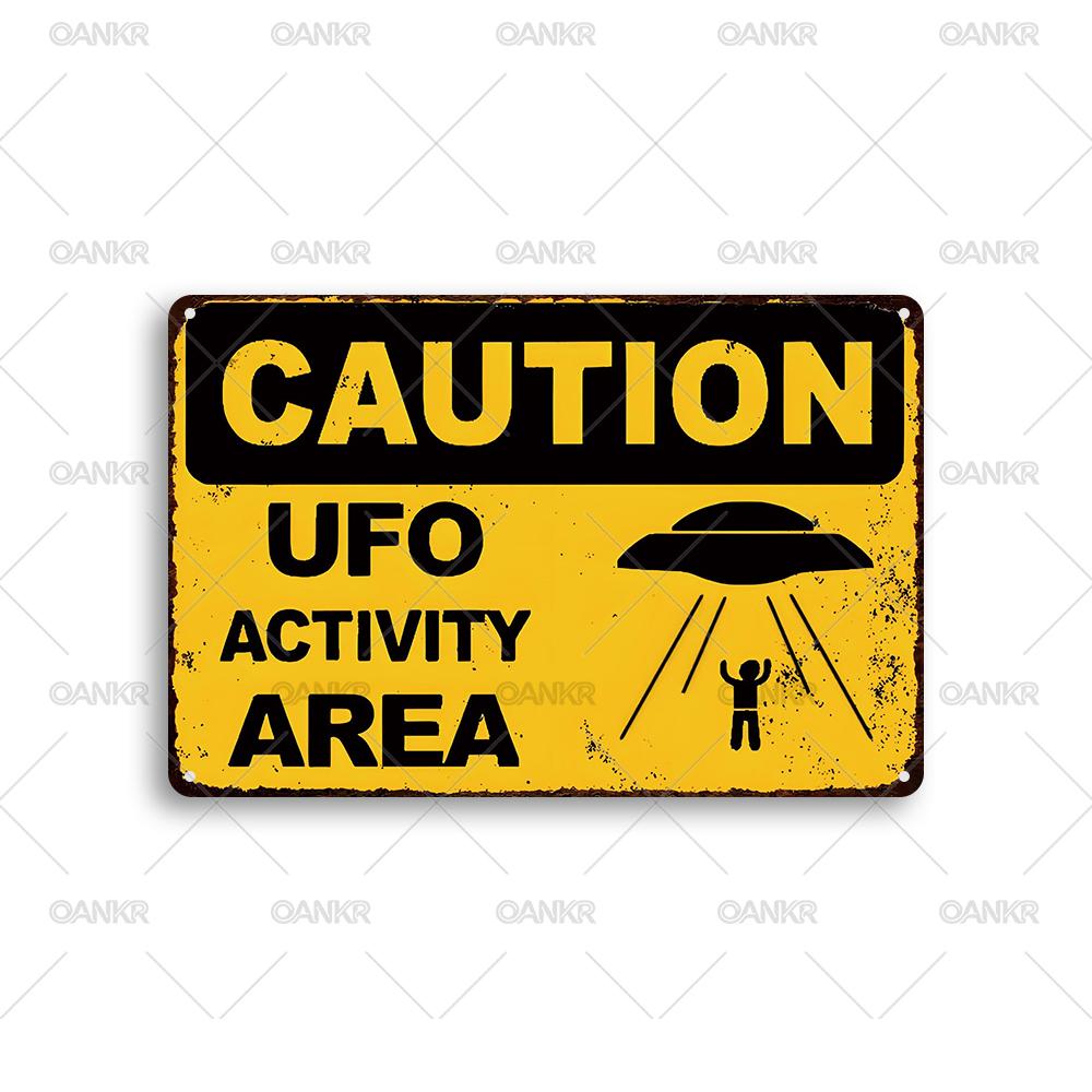 Vintage Warning Poster Metal Tin Sign Caution Ufo Activity Area Metal Signs for Man Cave Garden Farm Home Wall Decor Accessorie