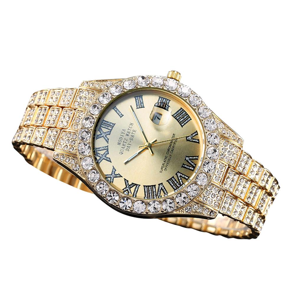 Часы с календарем из водного бриллианта и бриллиантами, римская шкала, стальной ремешок из сплава, мужские часы