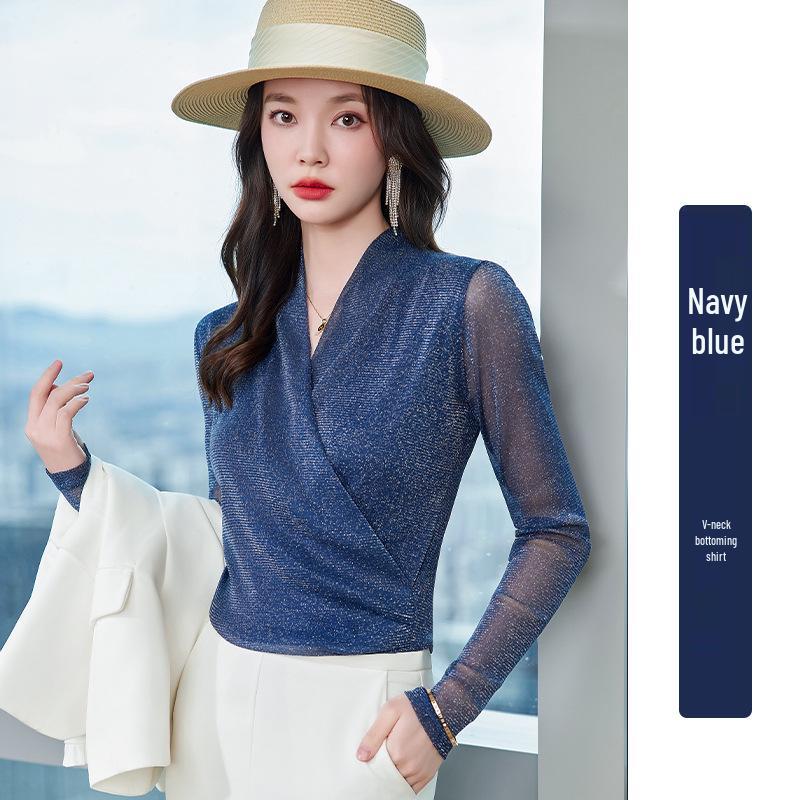 Блузка с V-образным вырезом из люрексовой сетки с длинными рукавами - Женская приталенная модель для весны/осени