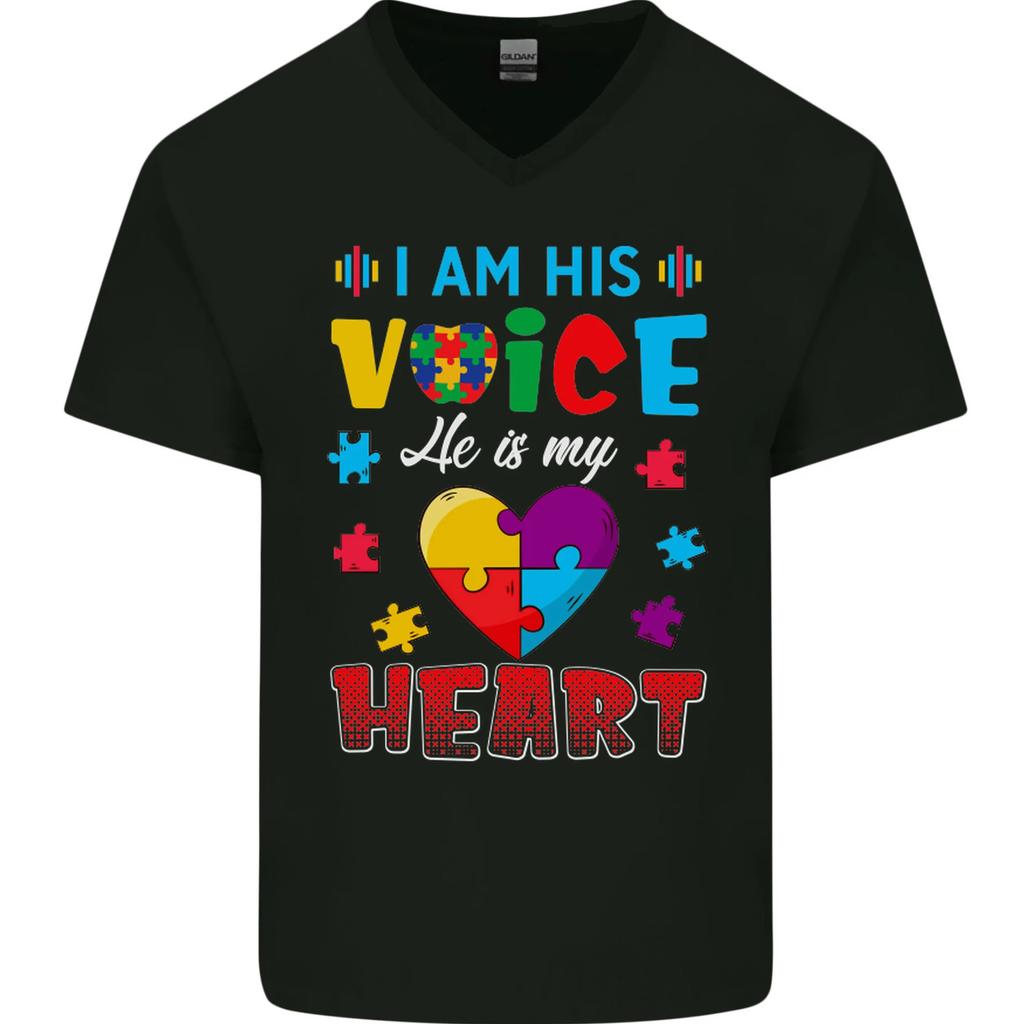 26 I Am His Voice He My Heart Autism Autistic Mens V-Neck Cotton T-Shirt Unisex T-Shirt