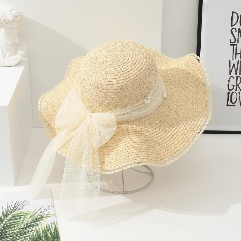 Summer Big Brimmed Woven Hat Women's Pearl Mesh Bow Straw Woven Hat Outdoor Sunscreen Hat