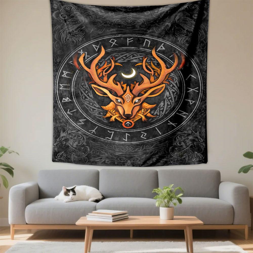 A glowing stag with intricate antlers, runes, and Norse-inspired designs. Patterned tapestry for bedroom and living room home decor