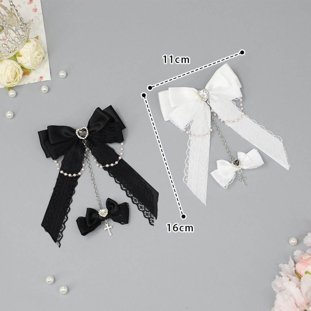 Chain Detail Lace Bow Hair Clips Rhinestone Decoration Side Barrettes Hair Clip Punk Style