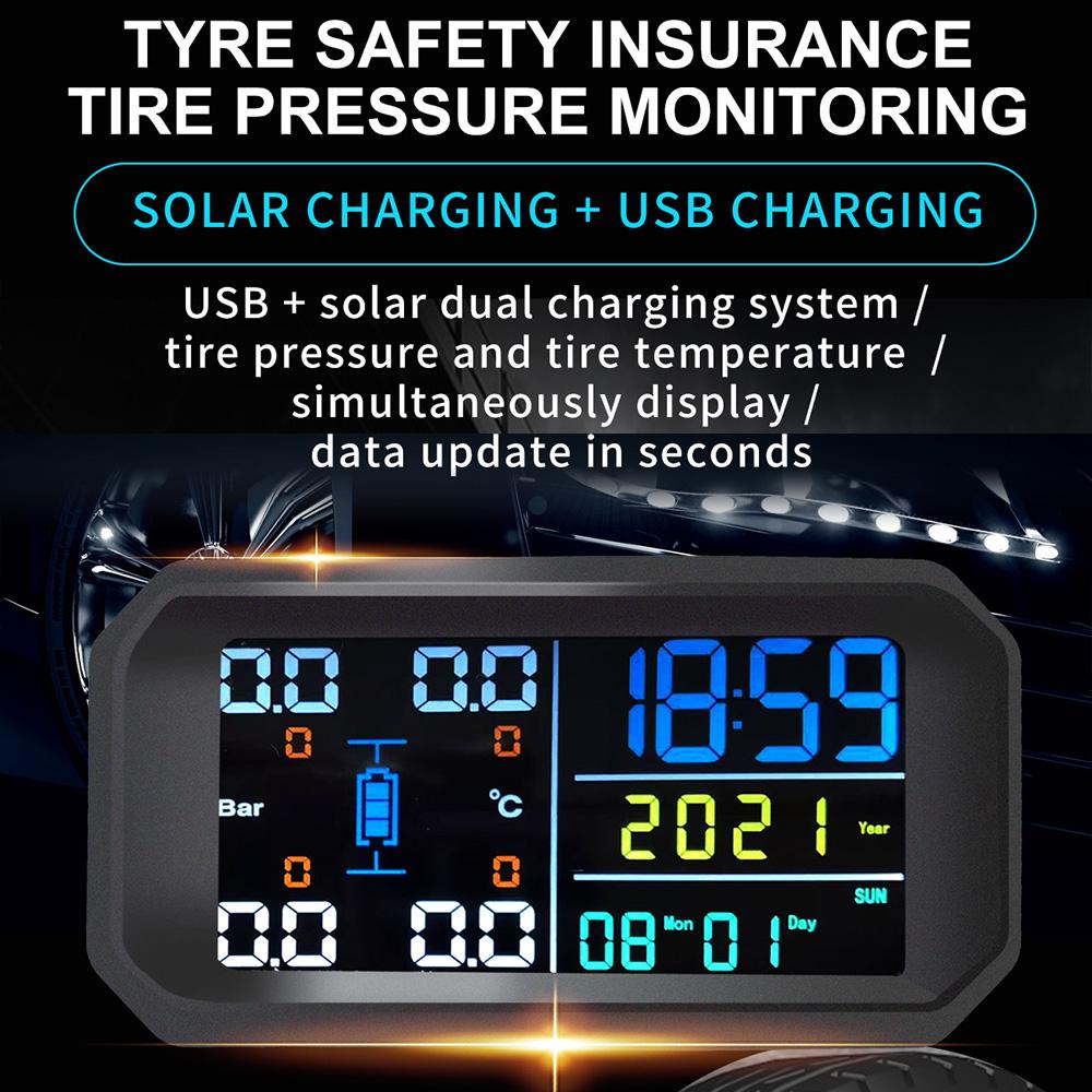 T13 Солнечная система мониторинга давления в шинах TPMS Автомобильный датчик давления в шинах Предупреждение о температуре с 4 датчиками