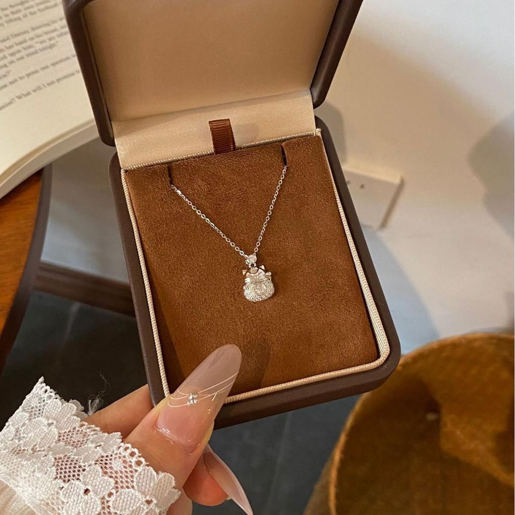 Серебряное ожерелье S925 Счастливый Кот с Алмазным Иероглифом Фу - Женская Ключичная Цепочка и Подвеска Котёнок