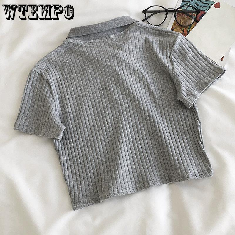 Шикарные футболки с воротником-поло, женские корейские укороченные топы в стиле Харадзюку, футболки на пуговицах, облегающие женские рубашки с короткими рукавами, уличная одежда