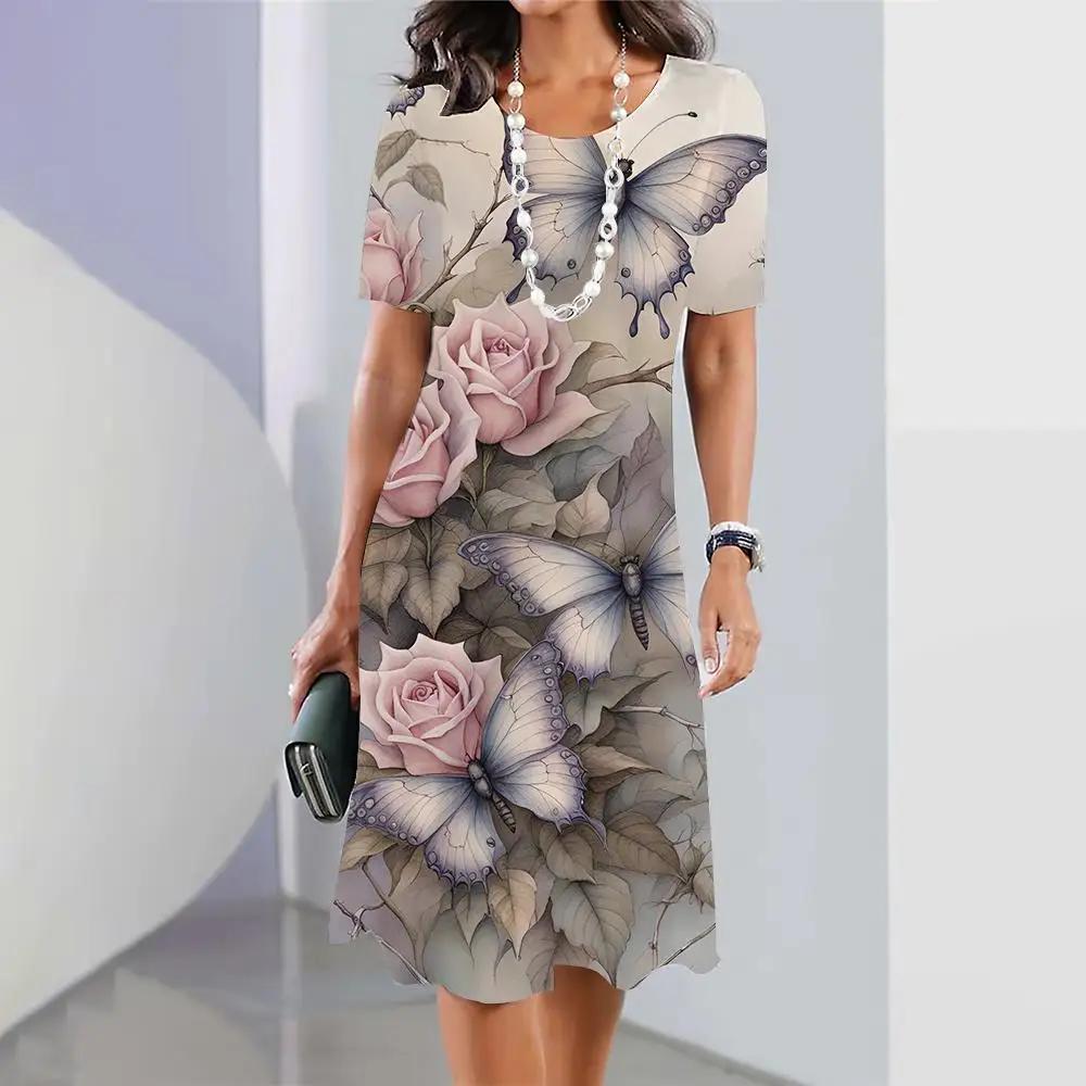Платья для женщин больших размеров с принтом в виде 3D-бабочки и цветов Элегантная одежда с короткими рукавами Платье А-силуэта в стиле ретро Цветная одежда