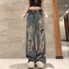Women's Y2K Grunge Distressed Dirty-Wash Jeans - High-Waist Loose Straight Wide-Leg Pants for Summer