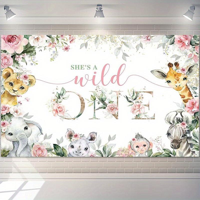 2D plane, 1 piece "1st Birthday Jungle Animals and Flowers Background Cloth, Party Banner"