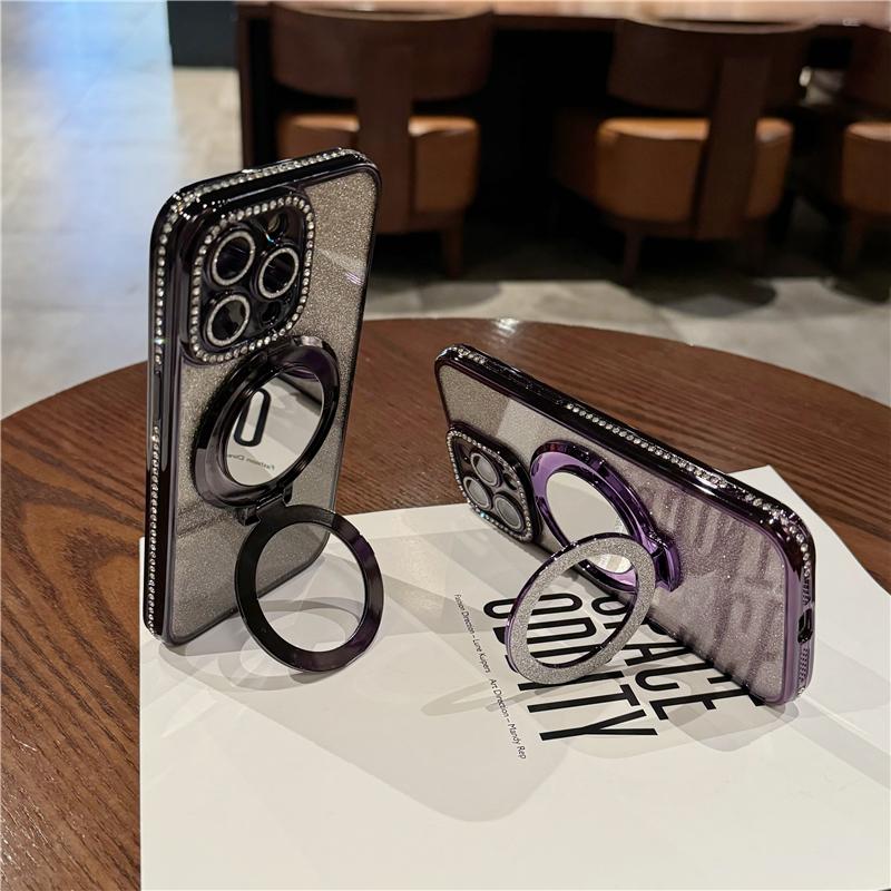 For iPhone 16 Pro Max Luxury Plating Flash Mirror Holder Stand Diamond Frame For iPhone 11 12 13 14 15Plus Lens Protective Cover