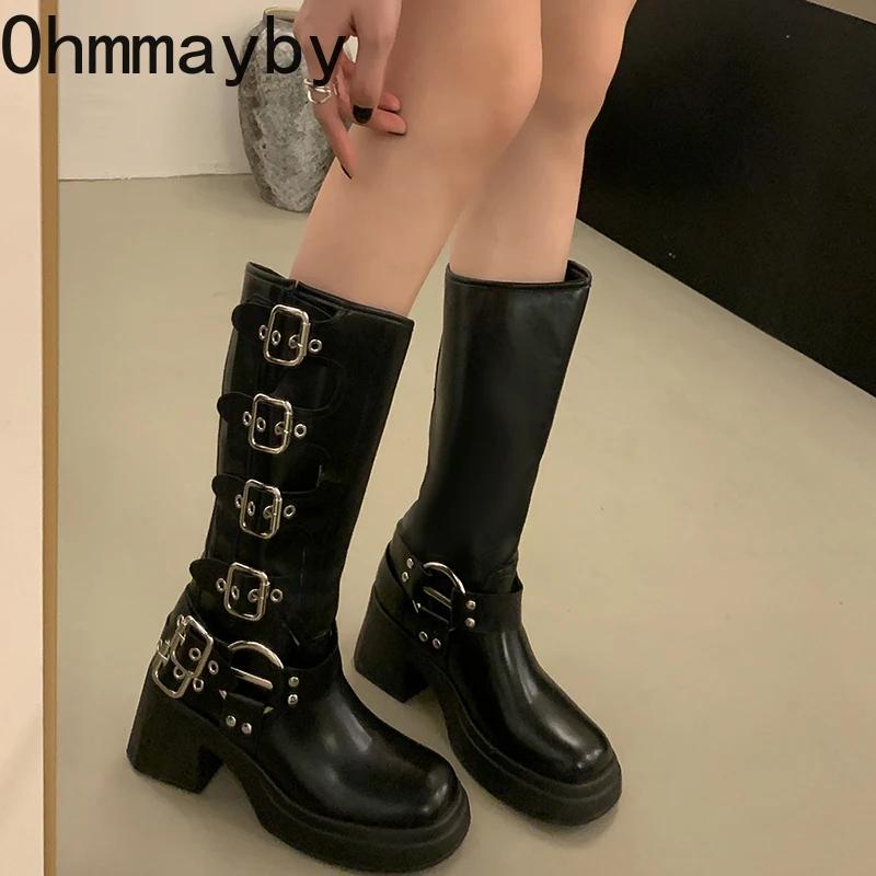Мода Винтажные женские сапоги в стиле ковбойши Модные туфли с пряжкой на поясе Квадратный каблук Осень-зима Дамы Длинные сапоги в стиле рыцаря