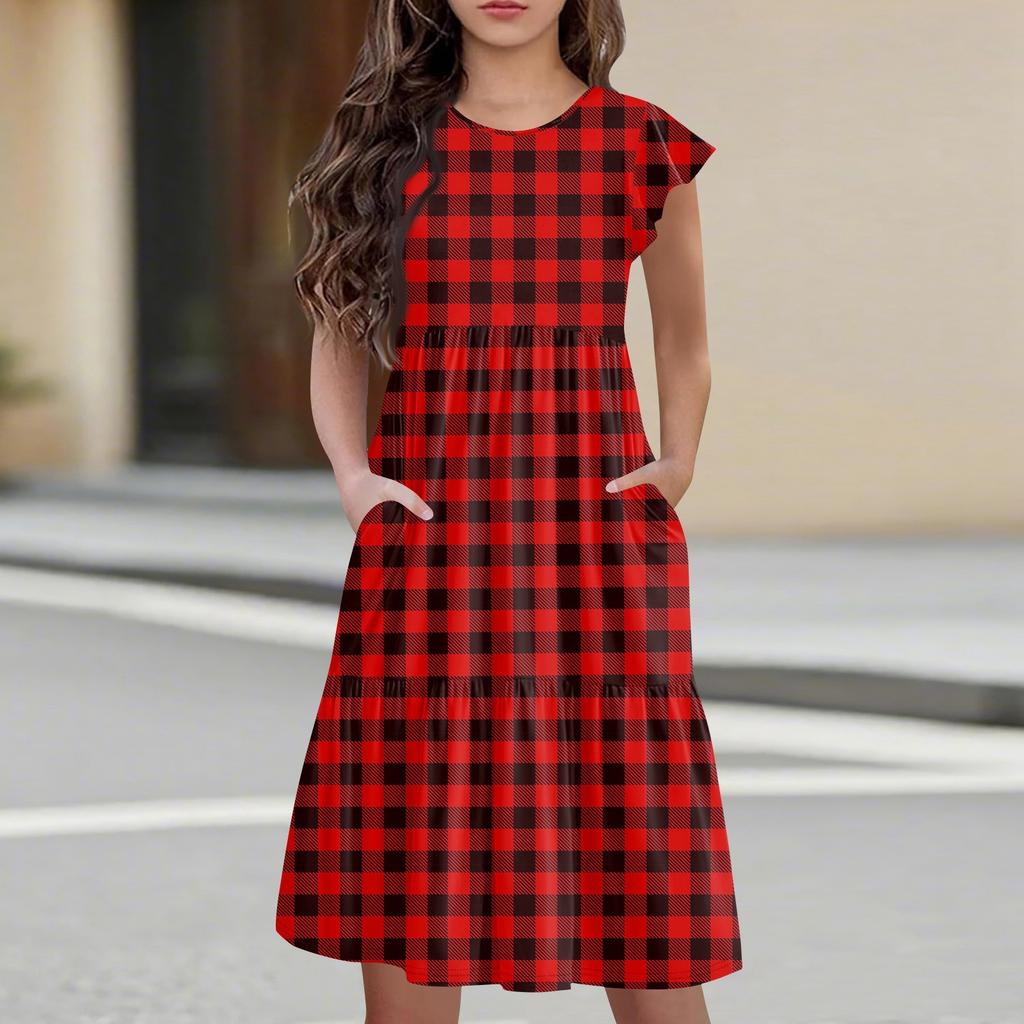 Детская юбка с круглым вырезом, плиссированная, с коротким рукавом, юбка принцессы, модное повседневное платье с карманами для девочек