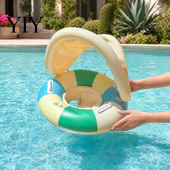 Water Play Float Baby Pool with Canopy, Vintage Striped Inflatable Swim Ring Safety Toddler Seat & Handle, Sun Protection Swimming for Kids