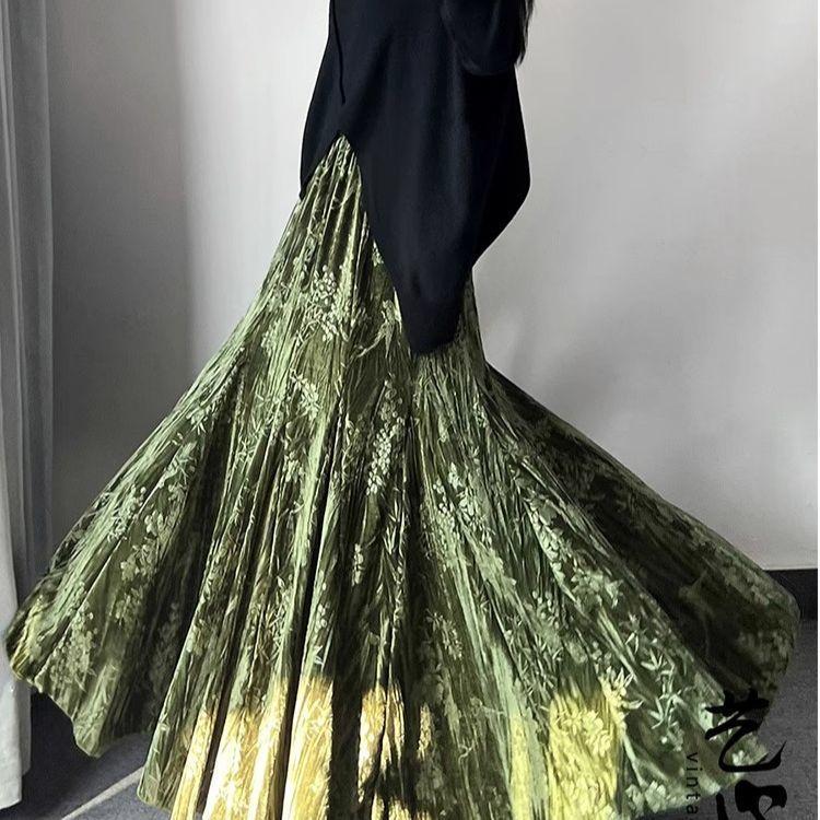 Ретро женская бархатная длинная юбка с принтом, осенне-зимняя теплая расклешенная А-силуэта