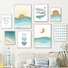 Whale Seagull Sun Moon Beach Wave Wall Art Canvas Painting Posters and Print Fresco Kindergarten Children's Room Decoration