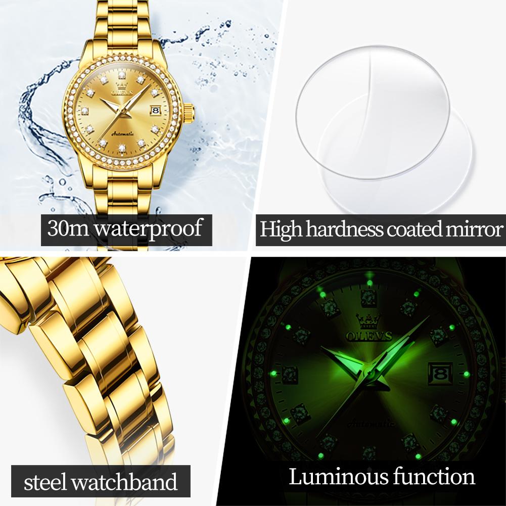 OLEVS 7003 Mechanical Women's Dress Watch Luxury Diamond Dial Calendar Waterproof Luminous Ladies Bracelet Wristwatch Elegant