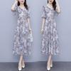 Floral Ice Silk Dress In Summer Sweet New Large Size Waist-hugging and Slimming Style and Age-reducing Long Skirt