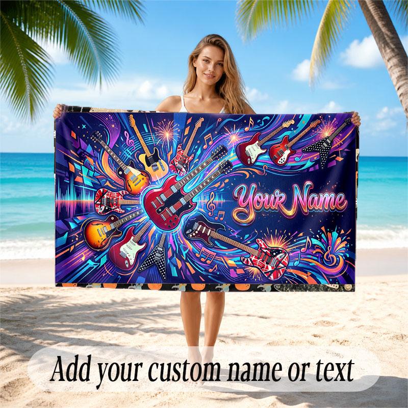 Music Guitar Theme Beach Towel Personalized Custom Name & Text Soft Quick Dry Beach Towel for Swimming Travel