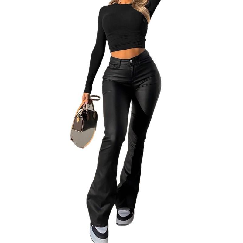 TK163 High-Waisted Solid Color Butt Lifting Coated PU Flare Pants Women