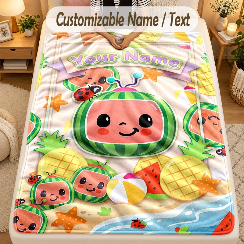 Flannel BlanketCocomelon Custom Name Text Personalized Soft Warm Throw Blanket Home Decor Gift