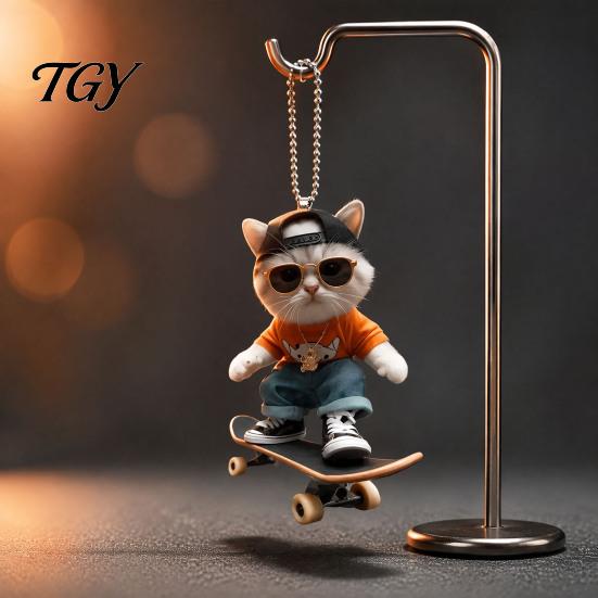 Street Fashion Car Pendant Skateboard Cat Hanging Ornament, 2D Flat Acrylic Rearview Office Workstation Ornament Mirror Decor, Trendy Skate
