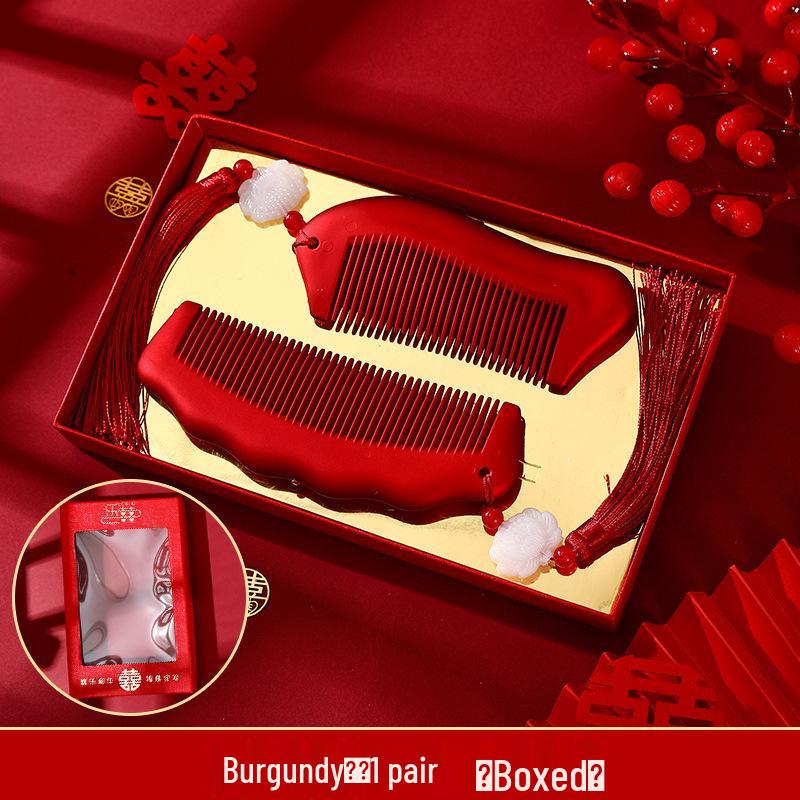 Бордовый Деревянный Свадебный Набор Расчесок с Зеркалом - Подарочная Коробка для Приданого Невесты