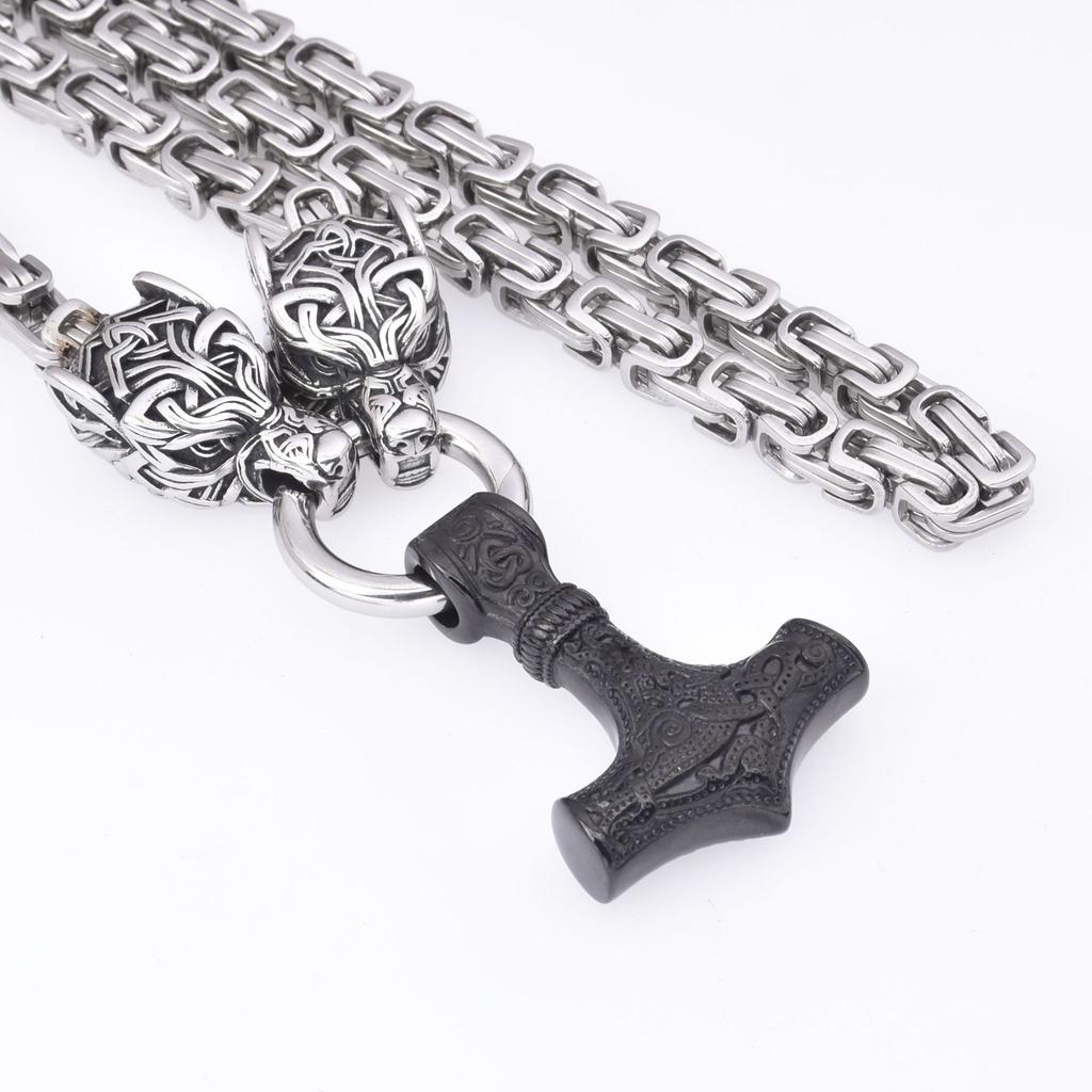 Stainless Steel Thor 'S Hammer Pendant Necklace Wolf Head Stainless Steel Necklace Men 'S Accessories