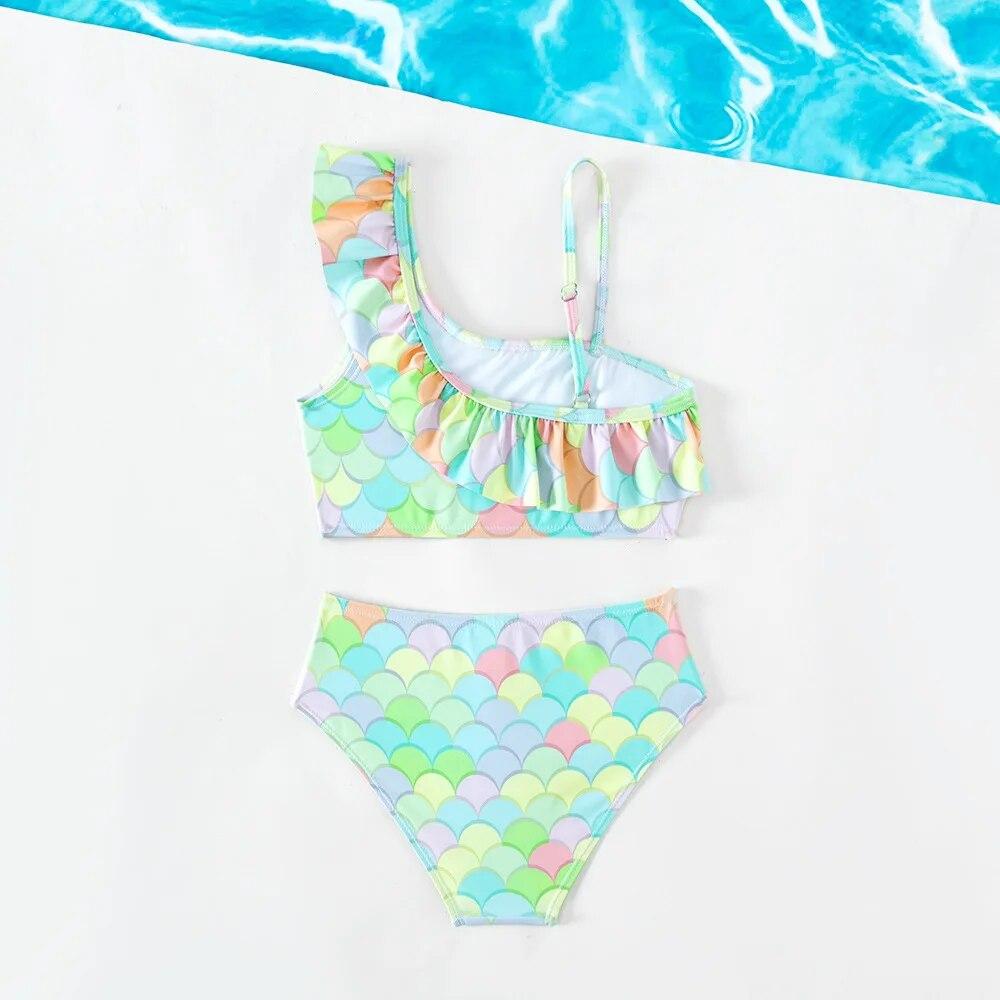 Girls Oblique Shoulder Fish Scale Baby Kids Swimsuit Bathing Suits for Children Two Pieces Swimwear Beach Bikini Sets