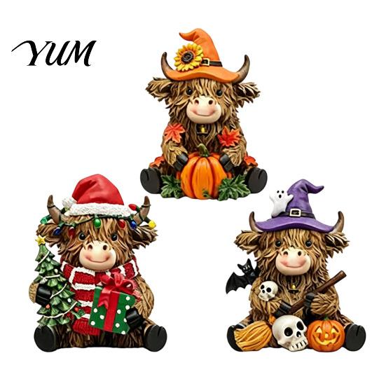 Window Sill Ornaments 3Pcs Highland Cow Figurine, Resin Yak Statues for Thanksgiving Christmas, Farmhouse Tabletop Shelf Mantel Entryway, Housewarming