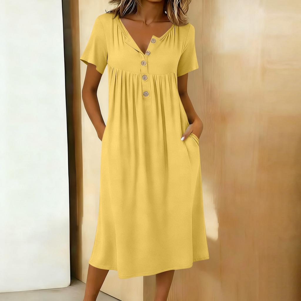 Женское модное цветное платье миди с круглым вырезом, короткими рукавами и застежкой на пуговицы у горловины