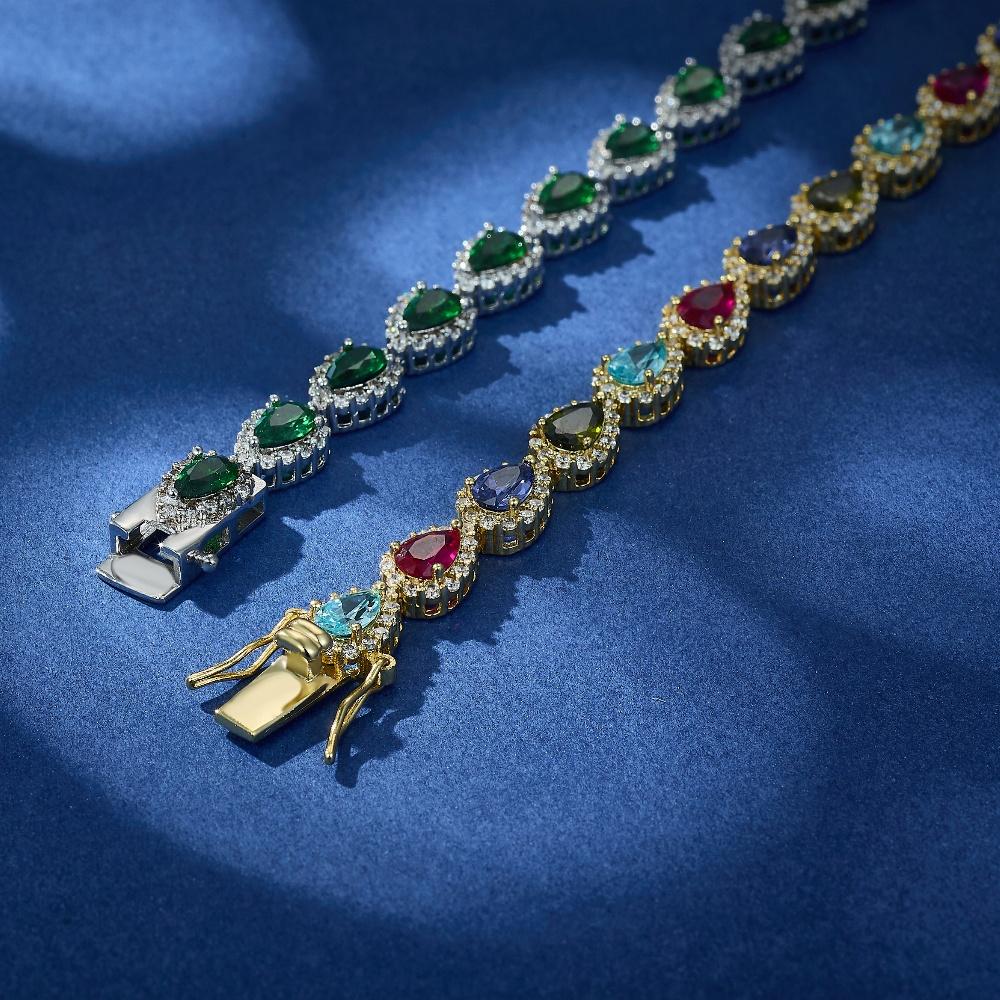 Rainbow Pear Tennis Bracelet 14K Gold Plated Copper Colorful Cubic Zirconia Bracelets