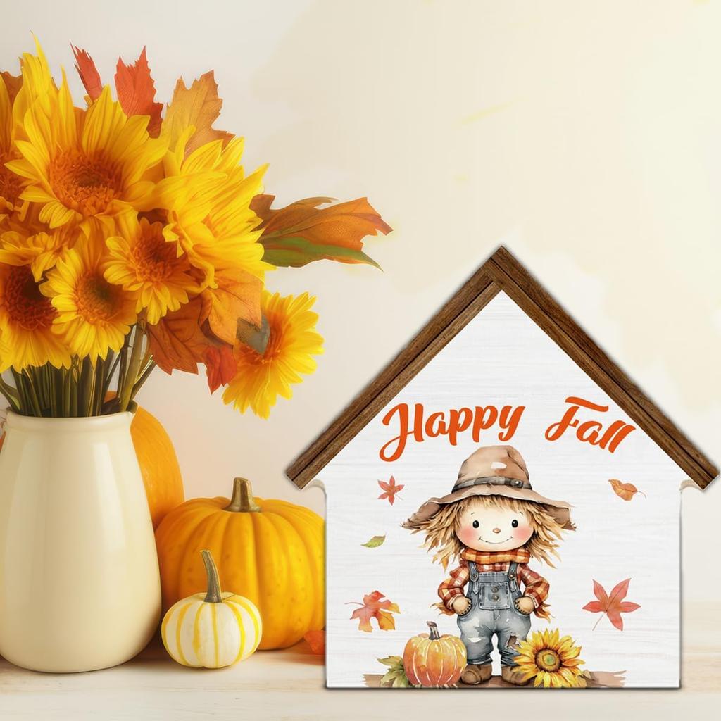 Scarecrows Fall Decor, Pumpkin Scarecrow Happy Fall House Shaped Wood Block Sign, Autumn Farmhouse Home Decor for Desk Table Shelf