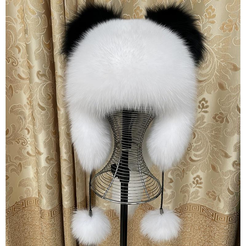 Outdoor Earflap Hat Snow Ski Cap Fleece Bomber Trapper Hat Women Ushanka Real Fox Fur Pompom Winter Russain Cossack