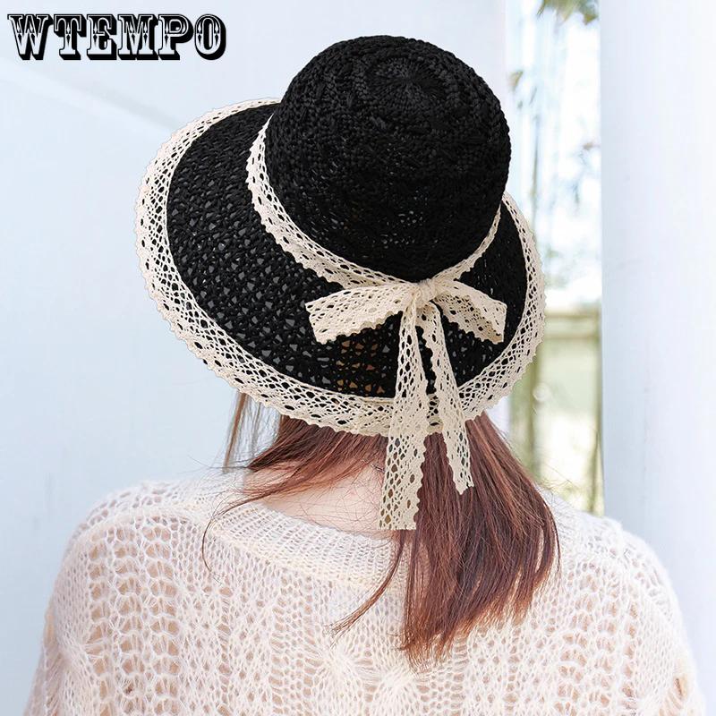 WTEMPO Lace Patchwork Casual Versatile Breathable Sun Hats Women's Solid Color Summer Wide Brim Outdoor Travel Beach Hats