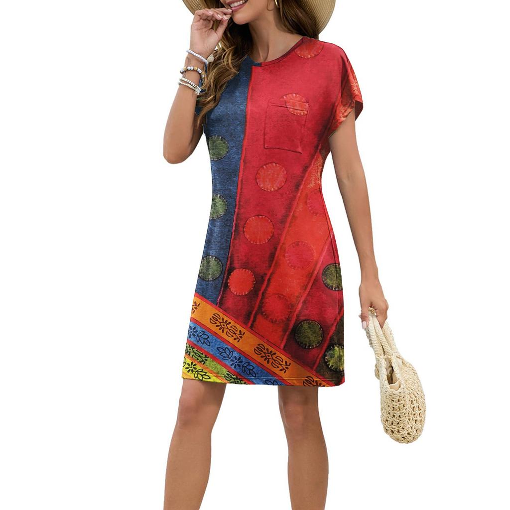 Женское модное повседневное летнее платье в стиле ретро с коротким рукавом и круглым вырезом