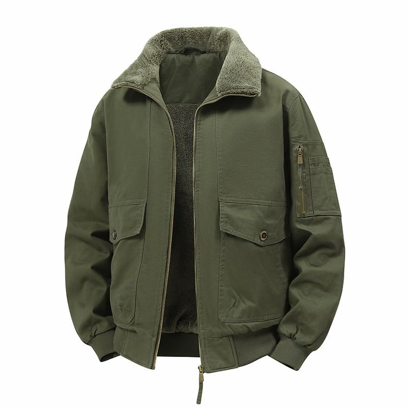 Mens Cotton Fleece-Lined Work Jacket With Collar Multi-Pocket Warm Windproof Outerwear Fall Winter