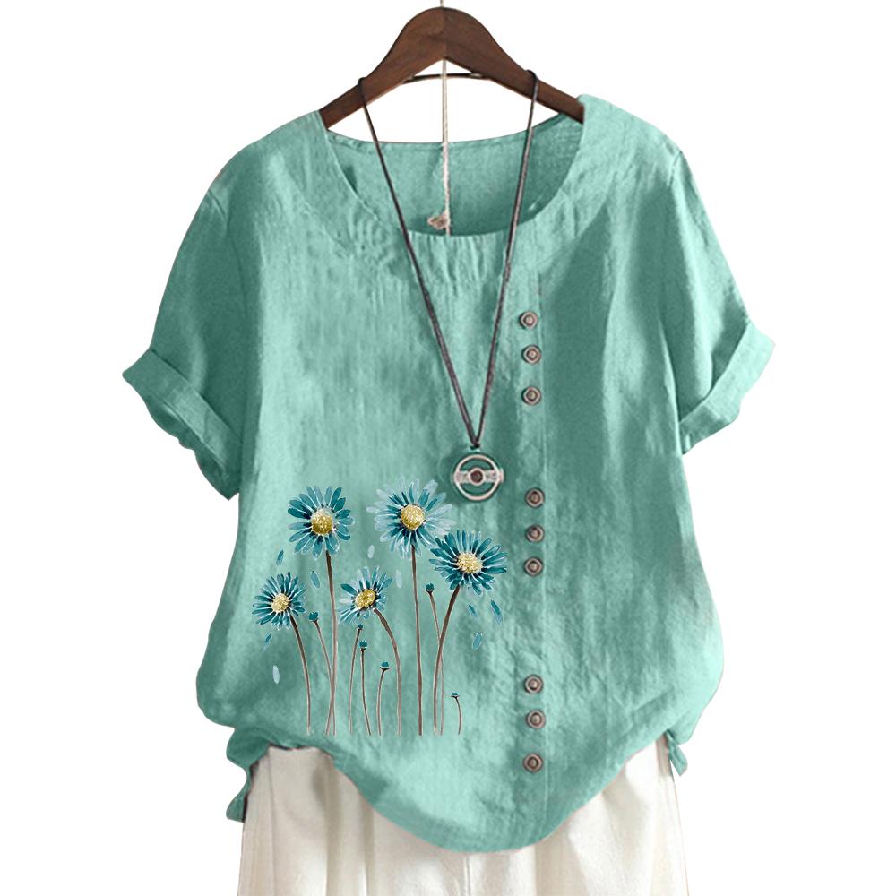Trendy Ladies' Short Sleeve Top with 11 Colorful Floral Patterns and Round Neck