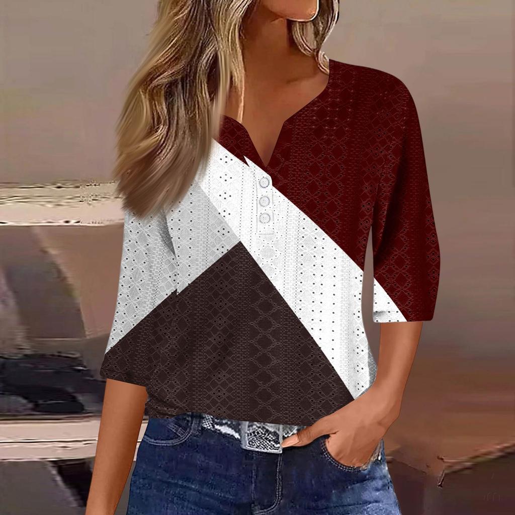 Women's Fashion V-Neck Button Seven Sleeve T-Shirt Casual Geometric Splicing Printed Top